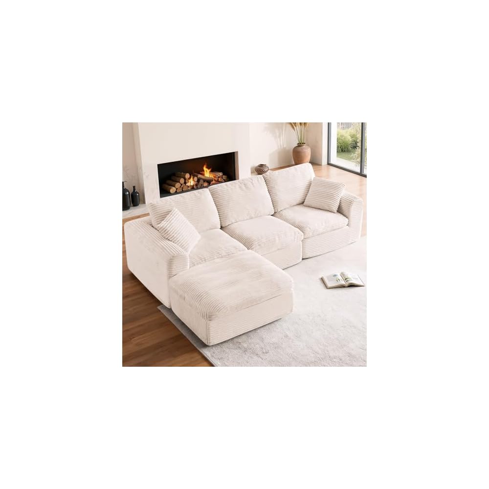 108” Modular Sectional Sofa Couches L Shaped Couch 3 Seater Cloud Sofa Memory Foam Sectional Couches for Living Room, Boneless Couch with Ottoman, Corduroy, Beige