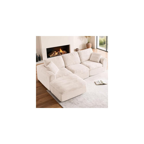 108” Modular Sectional Sofa Couches L Shaped Couch 3 Seater Cloud Sofa Memory Foam Sectional Couches for Living Room, Boneless Couch with Ottoman, Corduroy, Beige