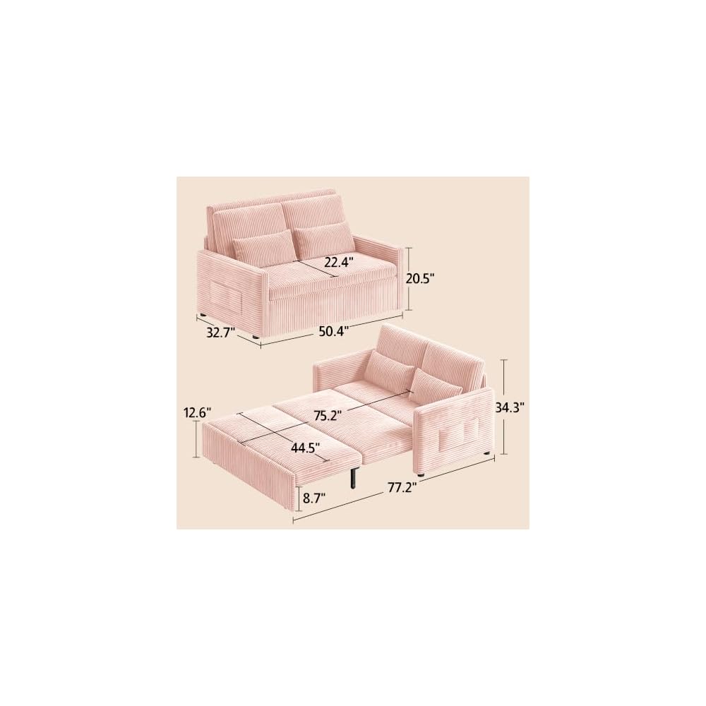 Ahomly 77.2" Extended Pull-Out Sofa Bed, 3-in-1 Convertible Loveseat, Pink