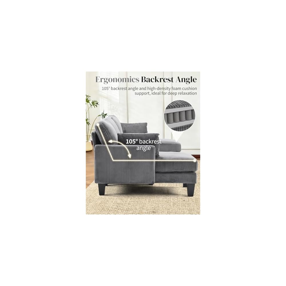Karl home Corduroy U-Shape Sectional w/Arm Pillows 108", Dark Grey