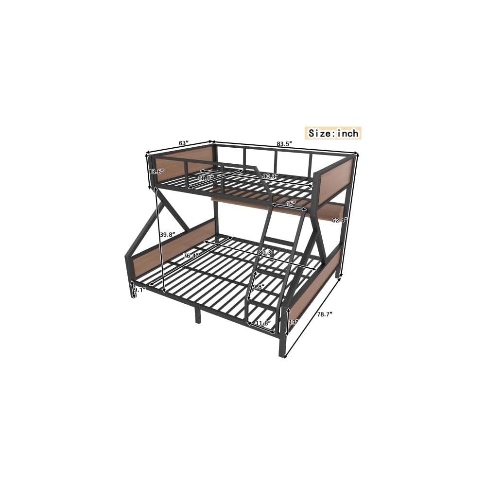 Queen Over King Bunk Bed, Metal Bunk Bed with Storage Shelves and Lights, Space-Saving & Noise-Free Design, Black