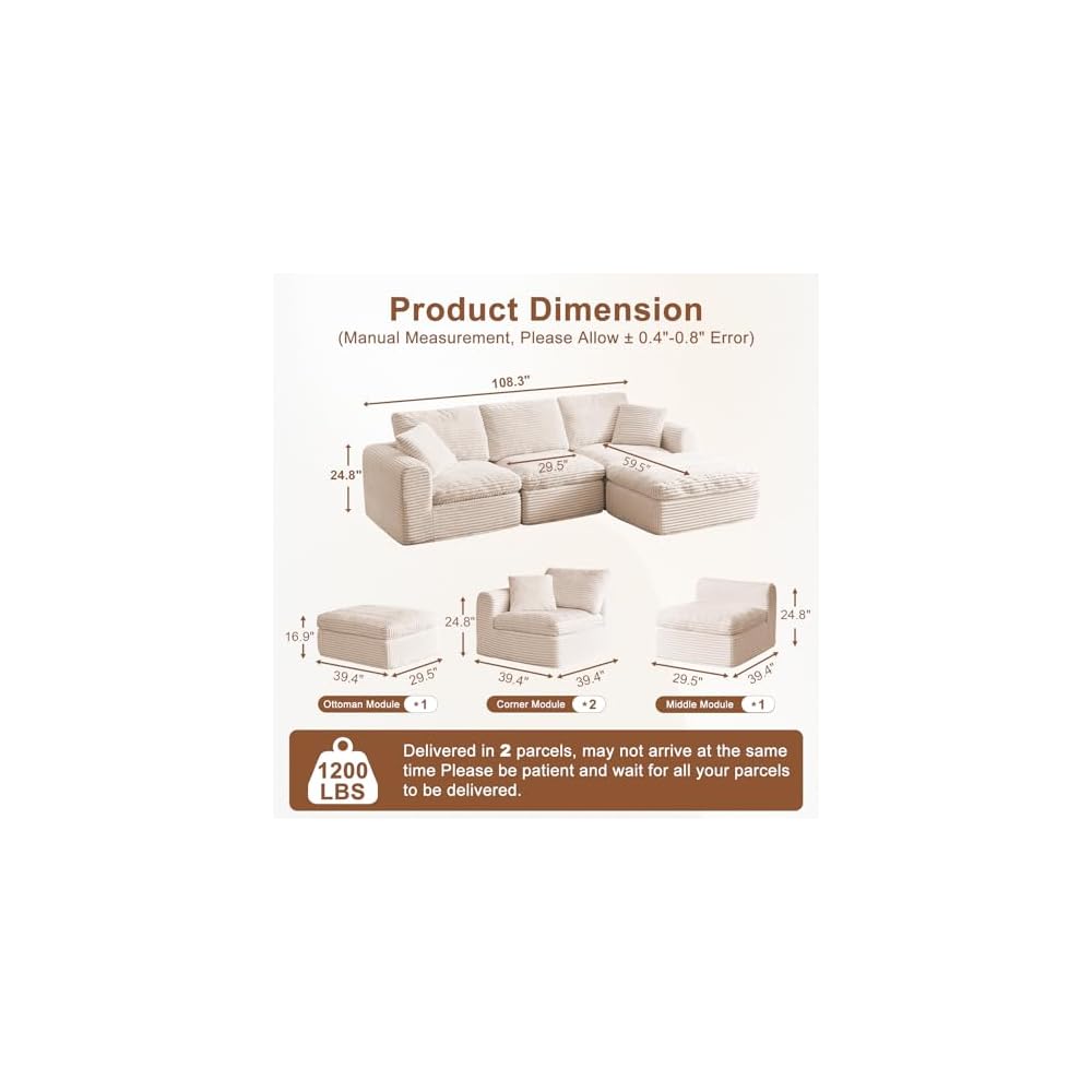 108” Modular Sectional Sofa Couches L Shaped Couch 3 Seater Cloud Sofa Memory Foam Sectional Couches for Living Room, Boneless Couch with Ottoman, Corduroy, Beige