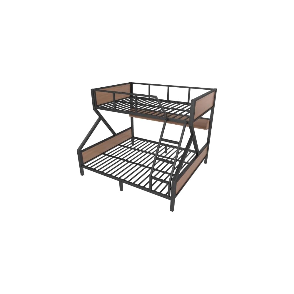 Queen Over King Bunk Bed, Metal Bunk Bed with Storage Shelves and Lights, Space-Saving & Noise-Free Design, Black