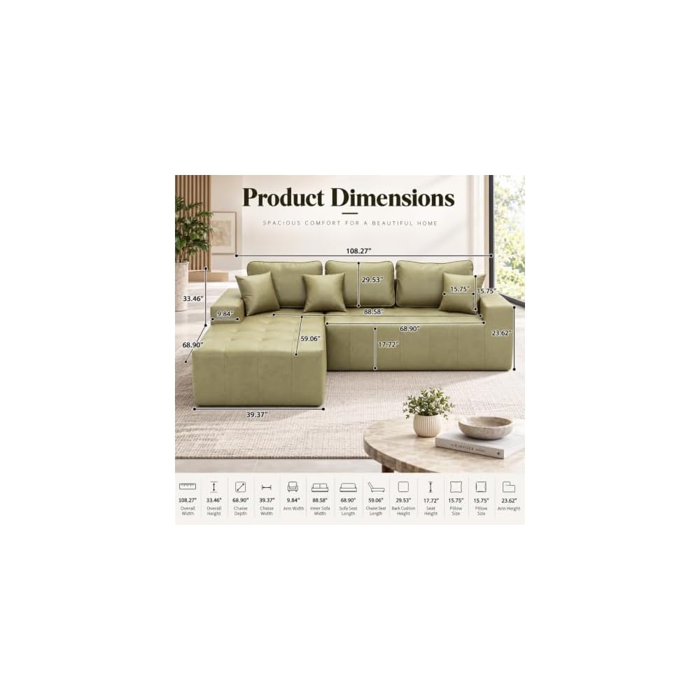 108" Modular Leather Sectional Couches with Boneless L-Shaped Chaise