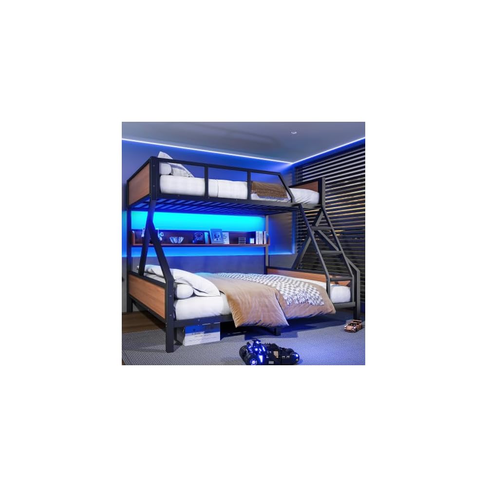 Queen Over King Bunk Bed, Metal Bunk Bed with Storage Shelves and Lights, Space-Saving & Noise-Free Design, Black