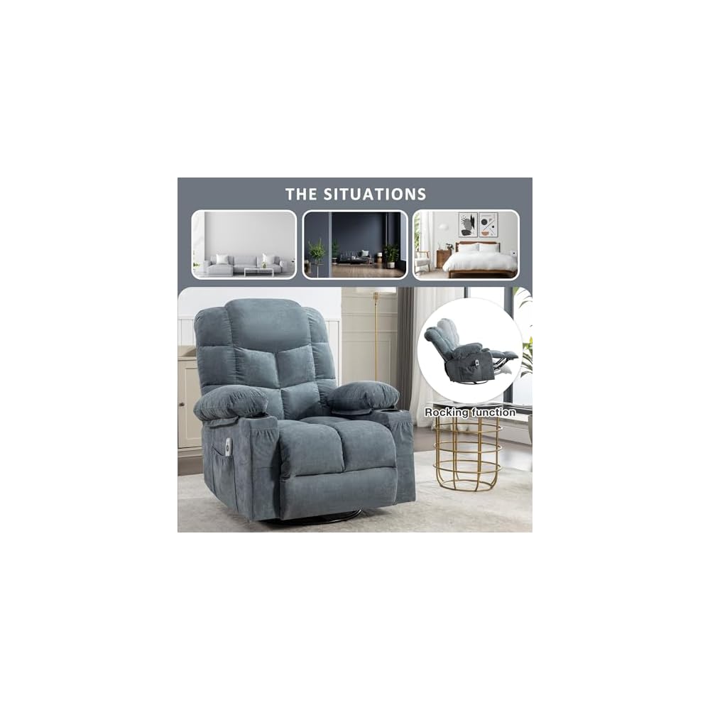 Luxurious Oversized Recliner Chair for Adults with Heat Massage, Rocking Motion, USB Charge Port & 2 Cup Holders, Manual Massage Comfort Retreat