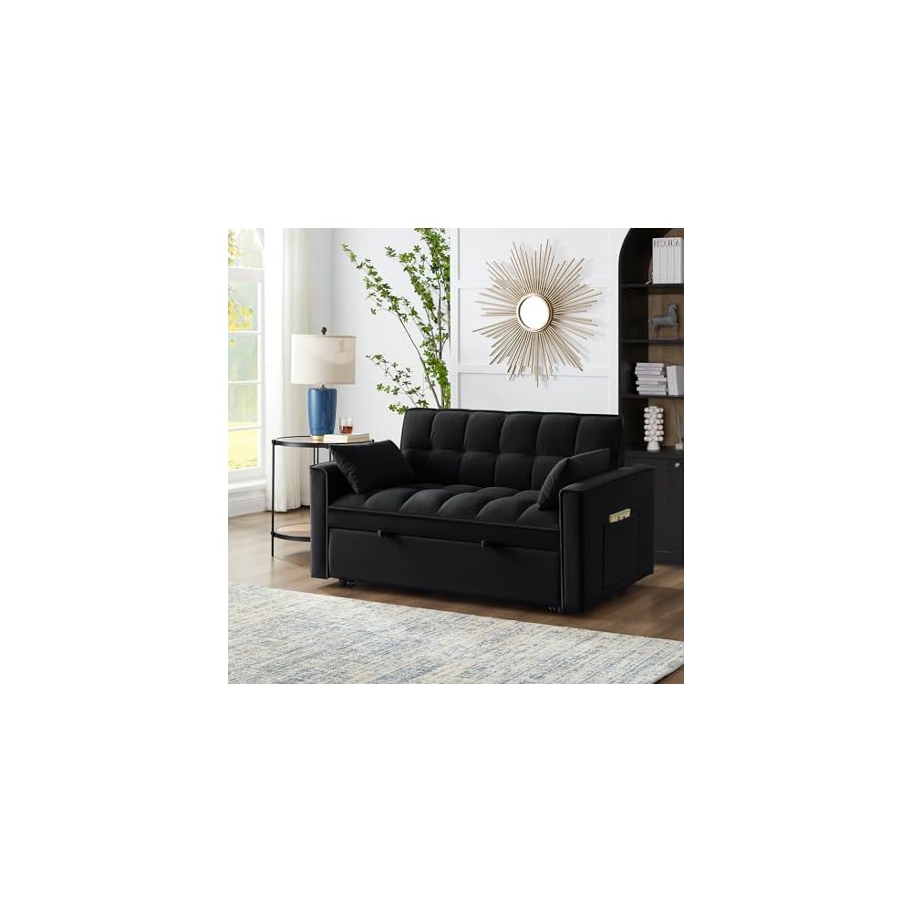 Black Velvet Sleeper Sofa Couch Bed, 4 in 1 Small Modern Convertible Loveseat Futon Sofa with Pullout Bed and Adjustable Backrest for Small Space Living Room Apartment Office Studio Lounge Reading