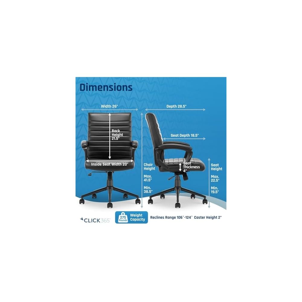 Pemberly Row Ergonomic Mid Back Desk Chair, Bonded Leather Upholstery, Black Finish, Adjustable Height, 5 in Seat Cushion, Heavy Duty Metal Base, Smooth Rolling Casters, Office or Home Use