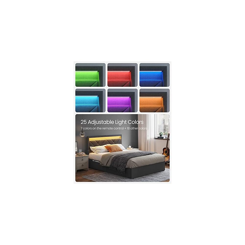VASAGLE Full Bed Frame, 4 Storage Drawers on Wheels, Charging Station