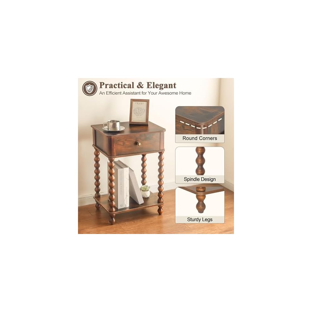 AWASEN Nightstand, Mid Century Modern Night Stand with Drawer for Living Room, Modern Bedside End Table with Spindle Wood Legs for Bedroom, Office, Rustic Brown