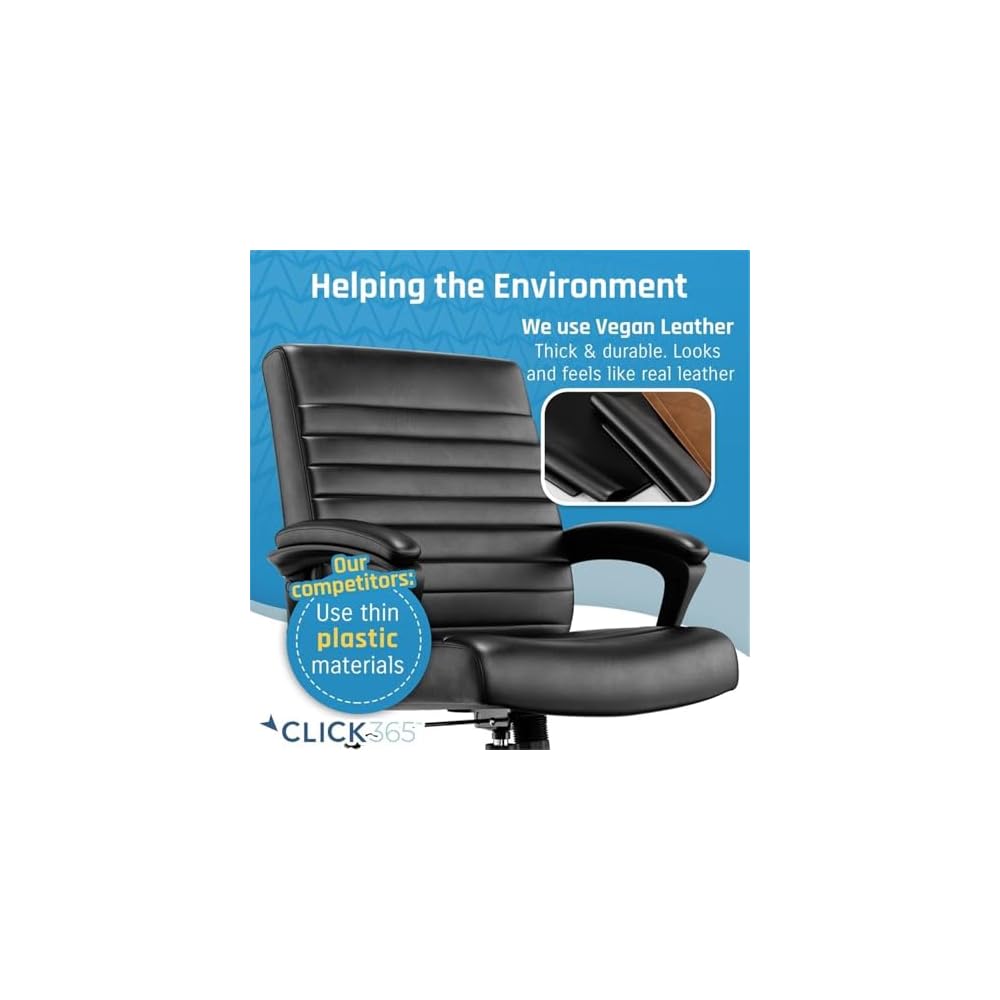 Pemberly Row Ergonomic Mid Back Desk Chair, Bonded Leather Upholstery, Black Finish, Adjustable Height, 5 in Seat Cushion, Heavy Duty Metal Base, Smooth Rolling Casters, Office or Home Use