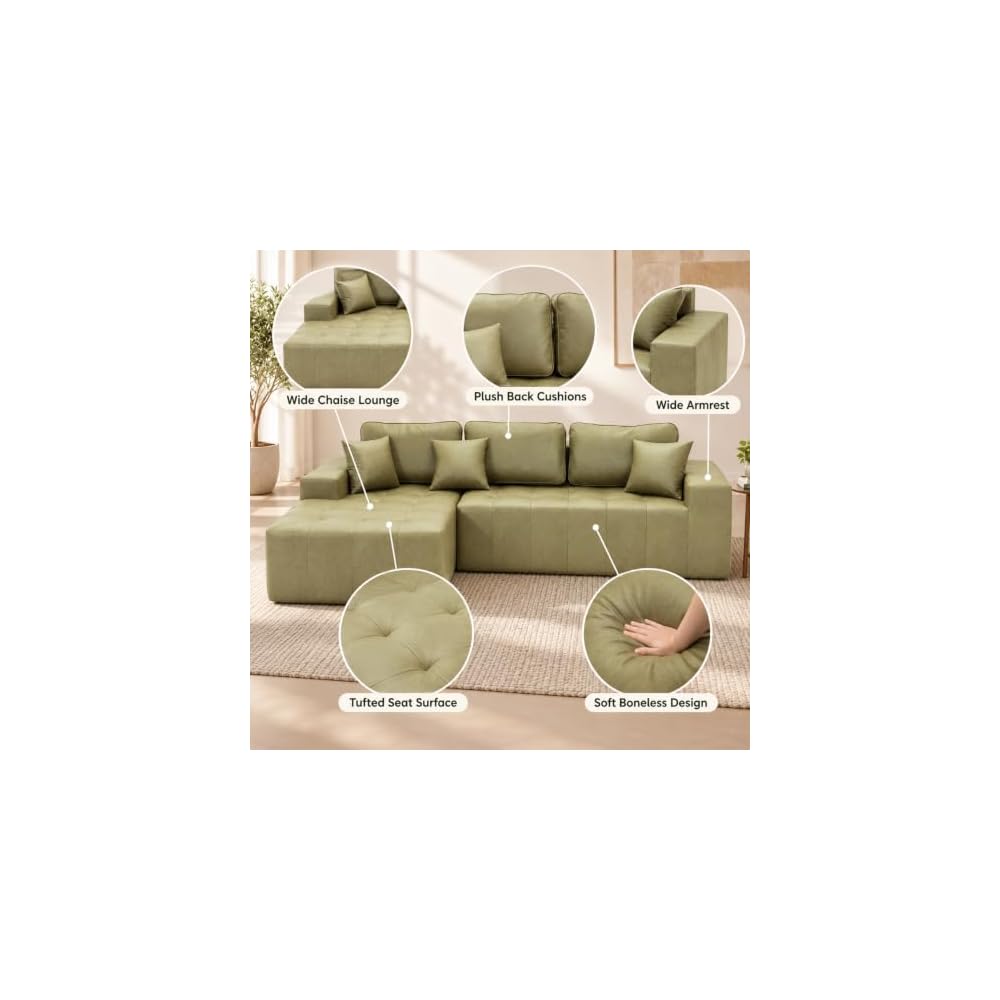 108" Modular Leather Sectional Couches with Boneless L-Shaped Chaise