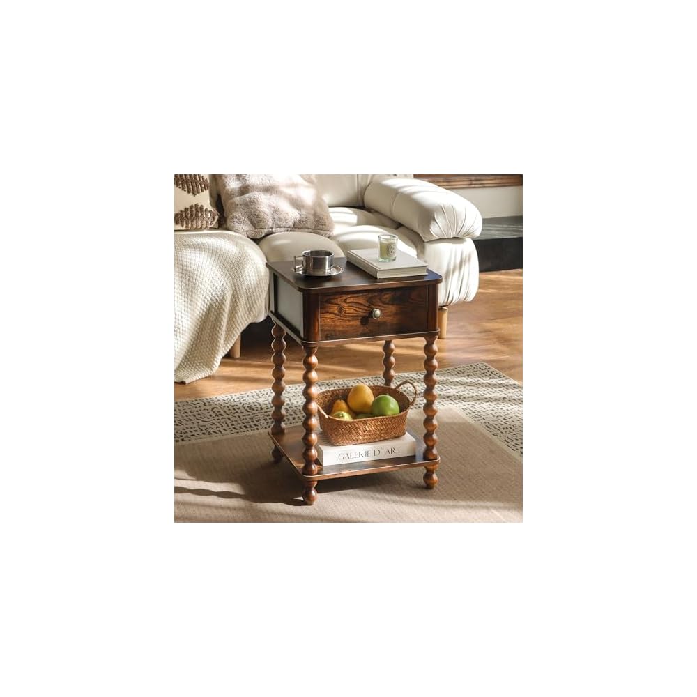 AWASEN Nightstand, Mid Century Modern Night Stand with Drawer for Living Room, Modern Bedside End Table with Spindle Wood Legs for Bedroom, Office, Rustic Brown