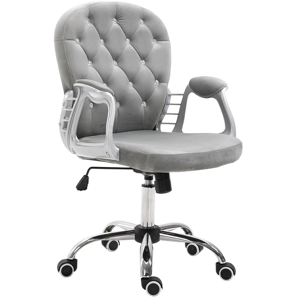 Vinsetto Velvet Home Office Chair Button Tufted Padded Armrests Gray