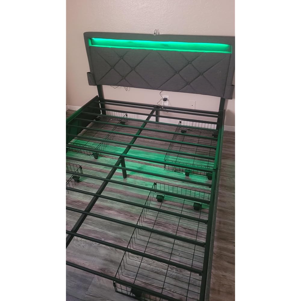 VASAGLE Full Bed Frame, 4 Storage Drawers on Wheels, Charging Station