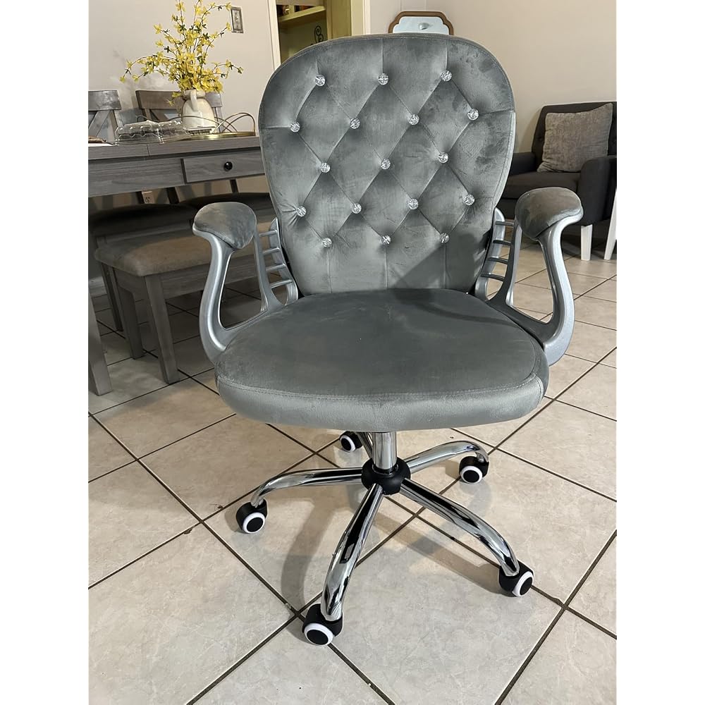 Vinsetto Velvet Home Office Chair Button Tufted Padded Armrests Gray