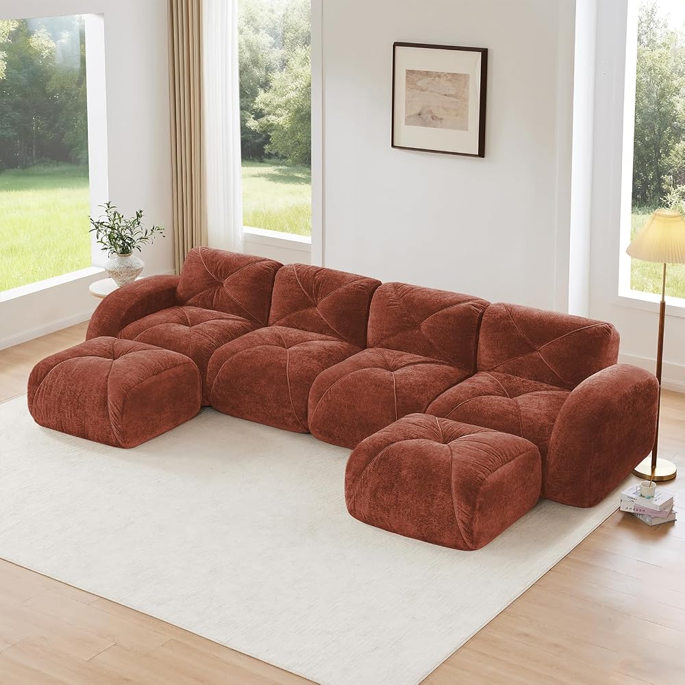 Red U-Shaped Sectional Couches for Living Room, Velvet Fabric Boneless Couch, No Assembly Cloud Modular Sectional Sofa with 2 Ottoman, Foam Couch Compressed Sofa Set for Apartment, Sofas para Sala