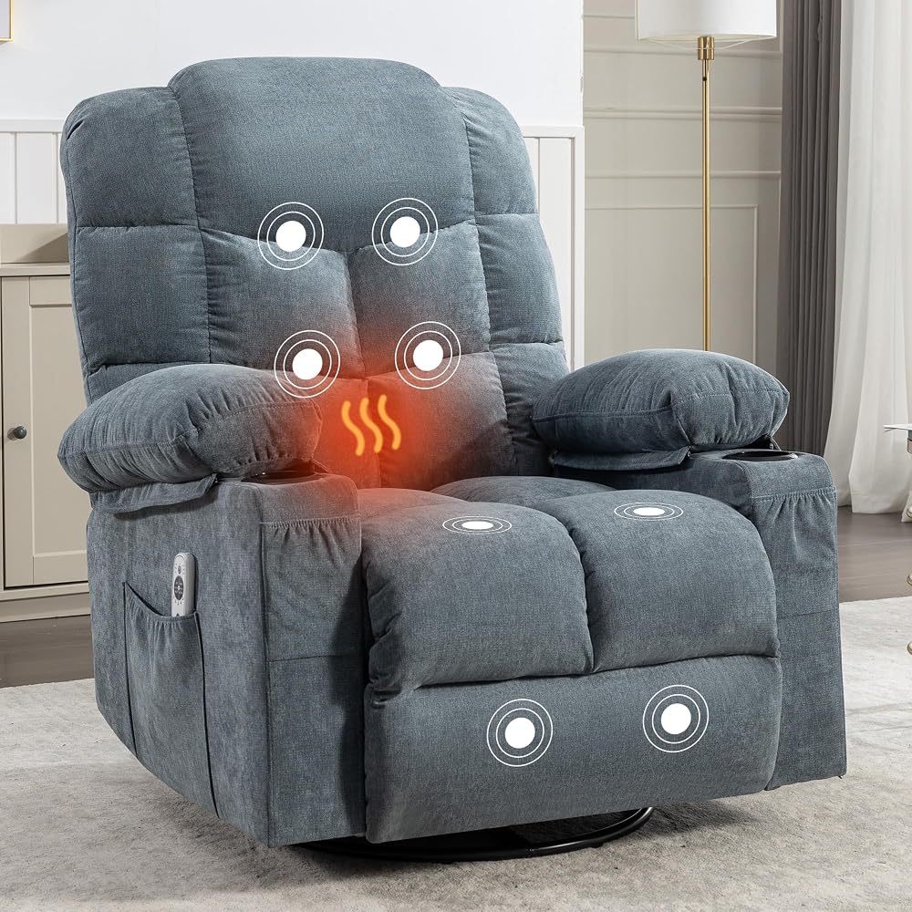 Luxurious Oversized Recliner Chair for Adults with Heat Massage, Rocking Motion, USB Charge Port & 2 Cup Holders, Manual Massage Comfort Retreat