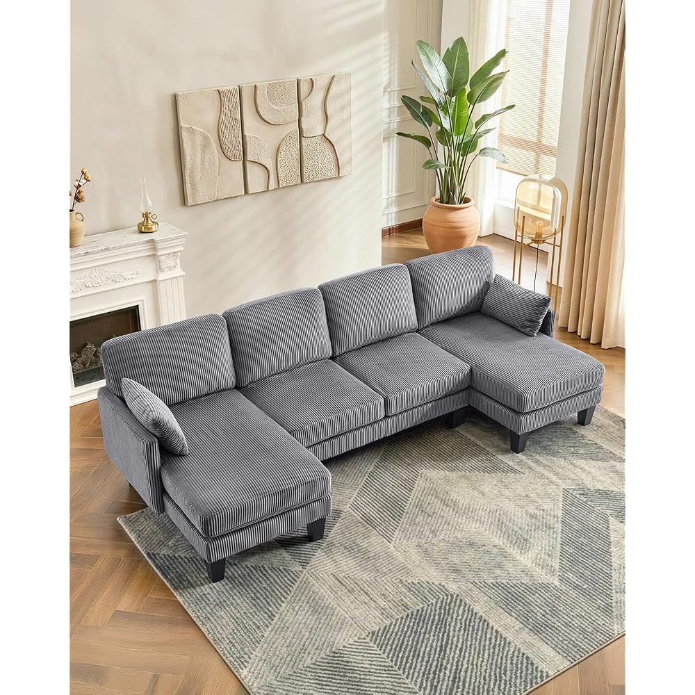 Karl home Corduroy U-Shape Sectional w/Arm Pillows 108", Dark Grey
