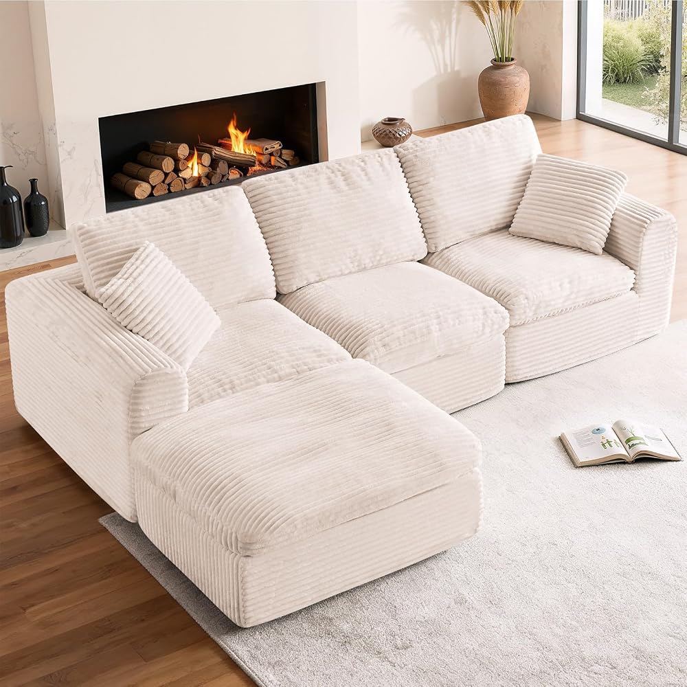108” Modular Sectional Sofa Couches L Shaped Couch 3 Seater Cloud Sofa Memory Foam Sectional Couches for Living Room, Boneless Couch with Ottoman, Corduroy, Beige