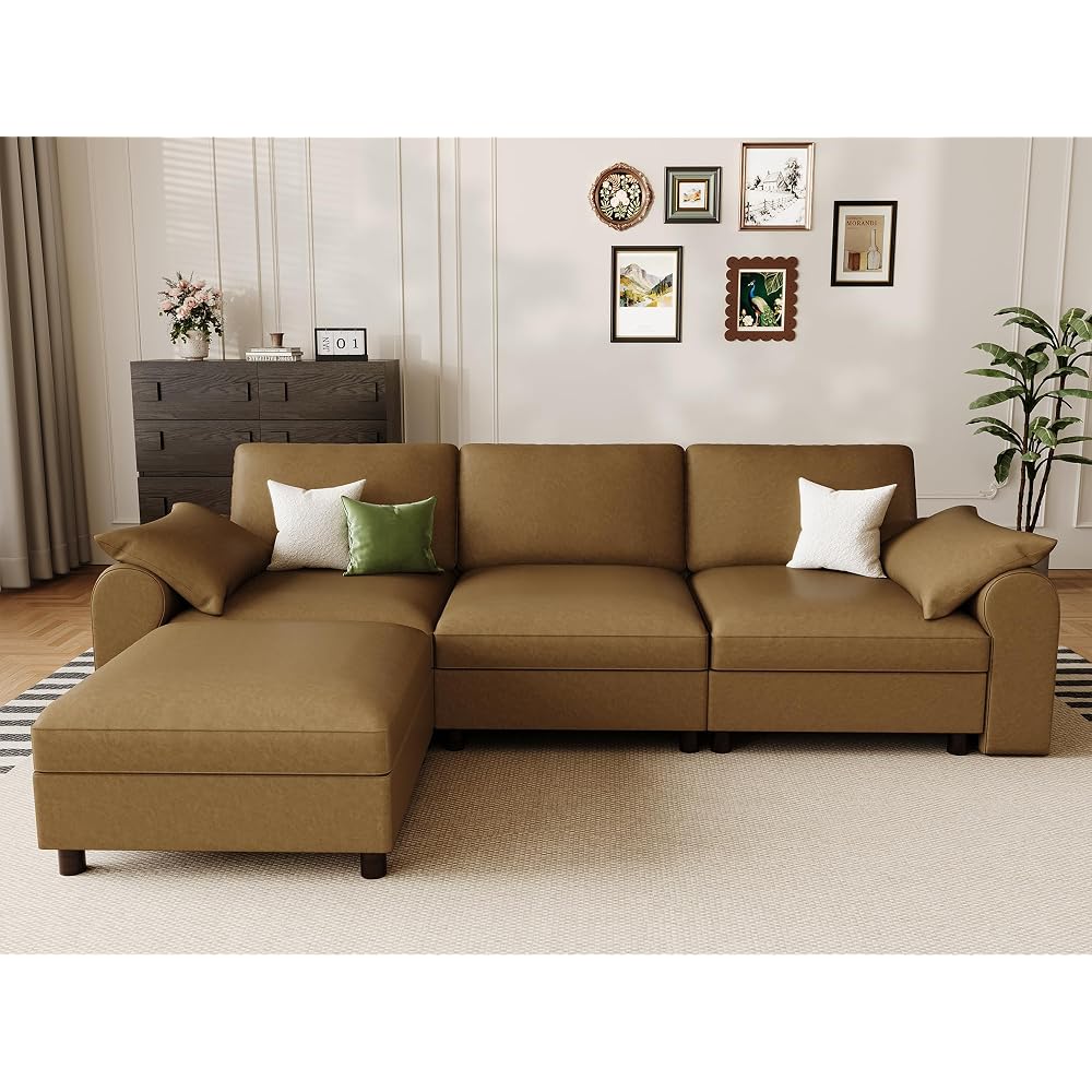 EASE MOOSE Leather Sectional Couch, L Shaped Modular Sectional Sofa, Brown