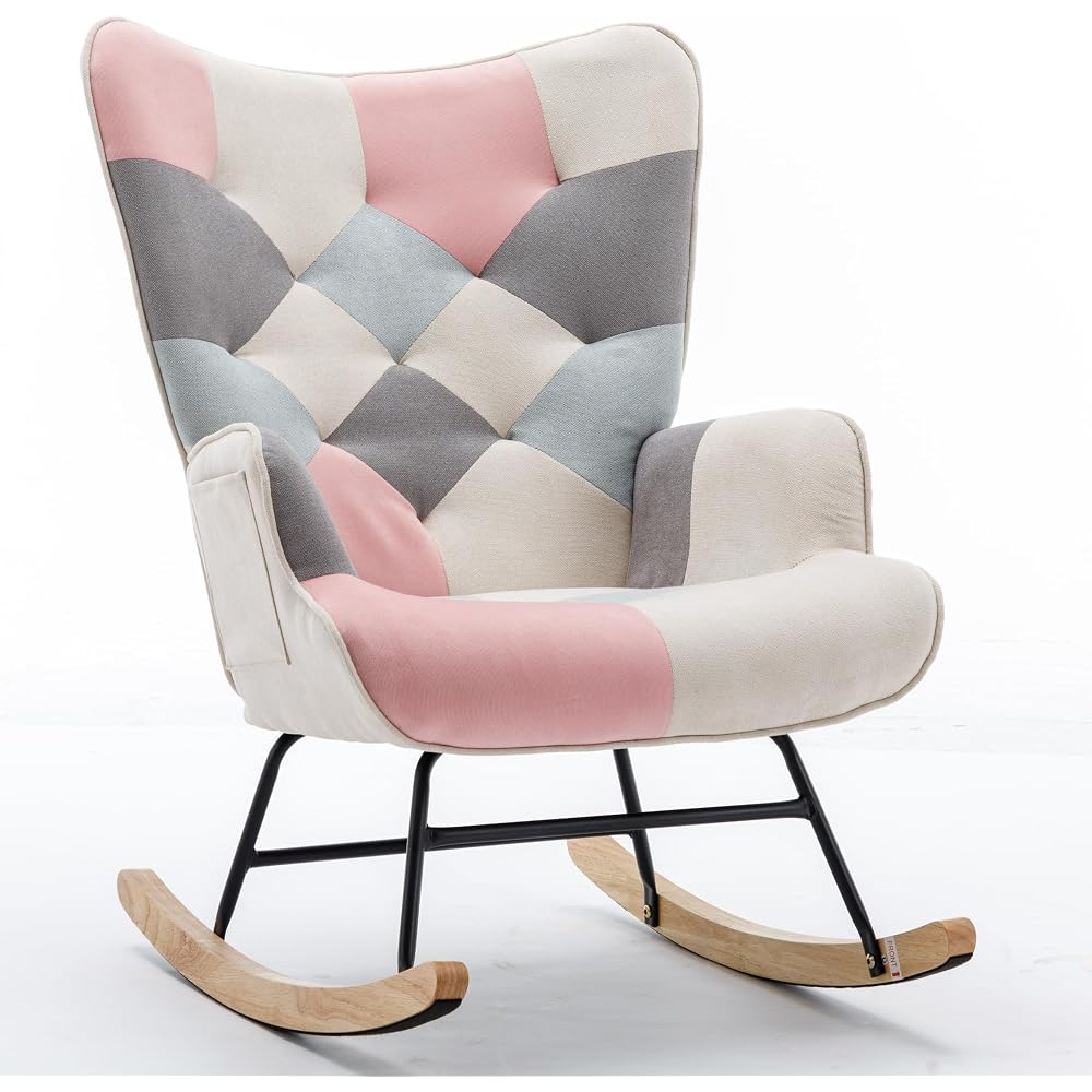 Cotton Linen Modern Patchwork Accent Chair, One Size, Pink