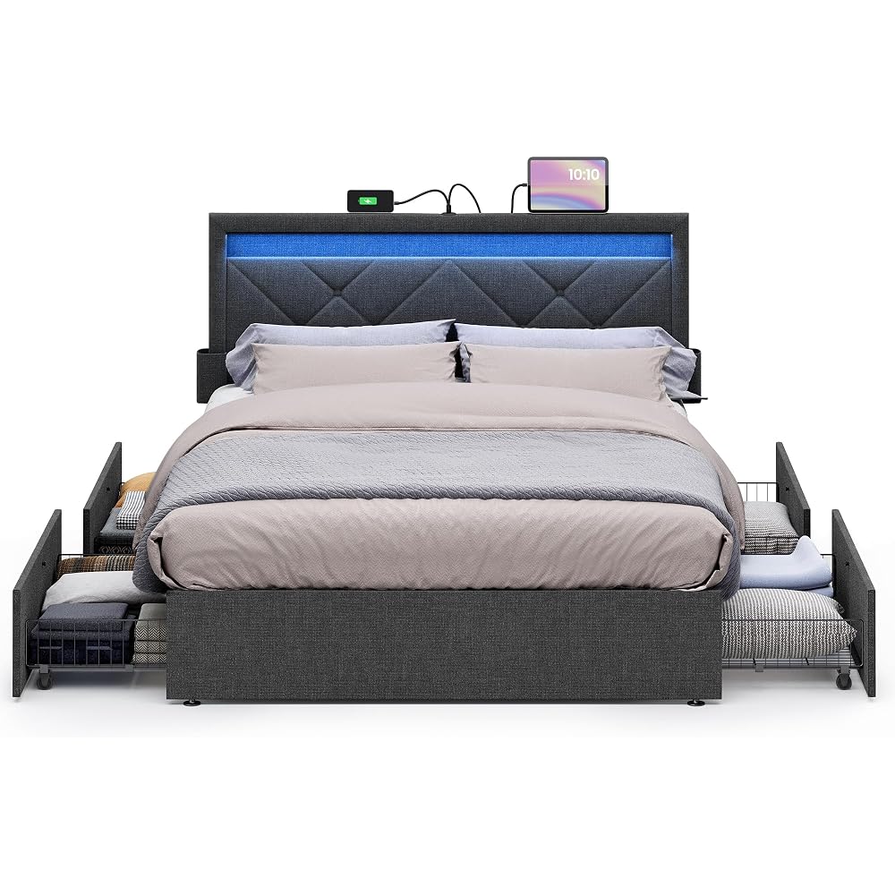 VASAGLE Full Bed Frame, 4 Storage Drawers on Wheels, Charging Station