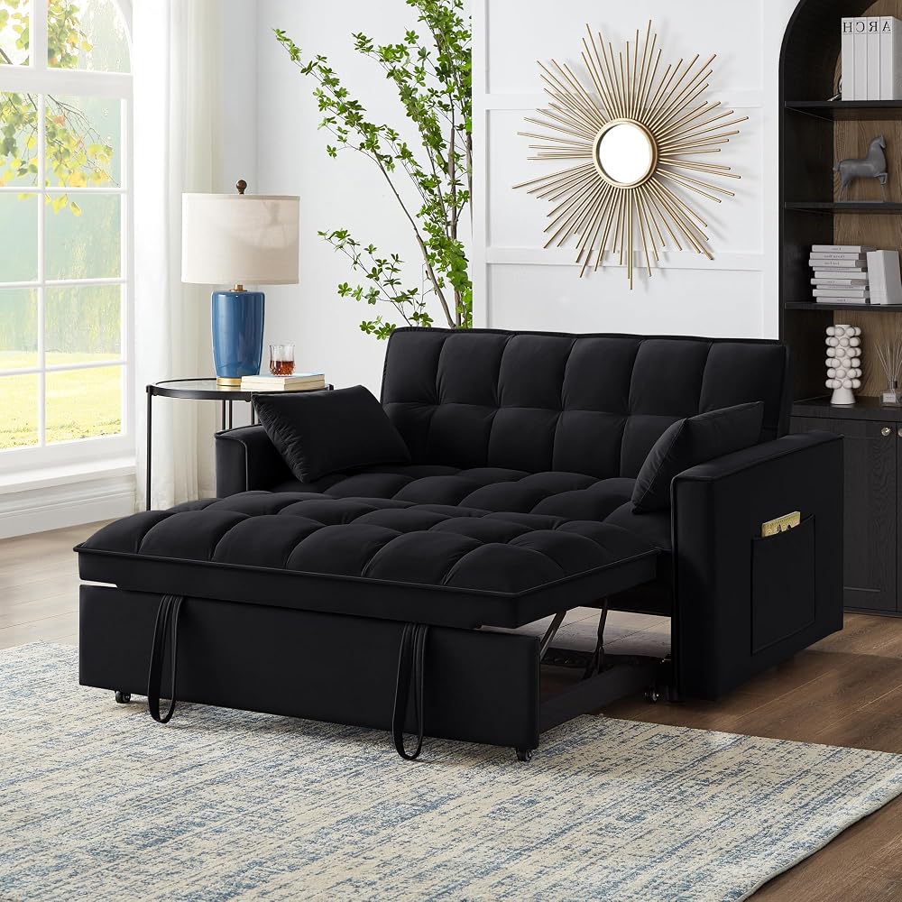Black Velvet Sleeper Sofa Couch Bed, 4 in 1 Small Modern Convertible Loveseat Futon Sofa with Pullout Bed and Adjustable Backrest for Small Space Living Room Apartment Office Studio Lounge Reading