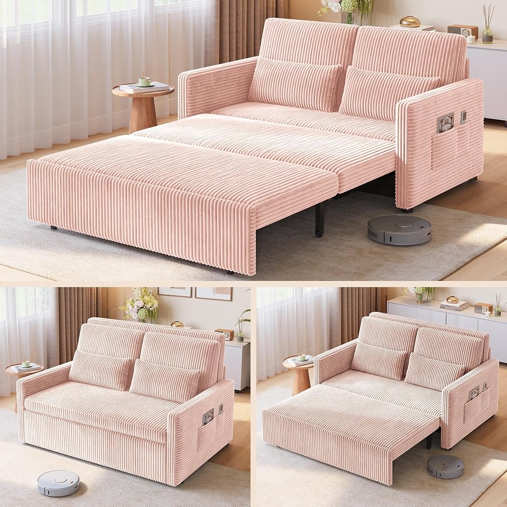 Ahomly 77.2" Extended Pull-Out Sofa Bed, 3-in-1 Convertible Loveseat, Pink