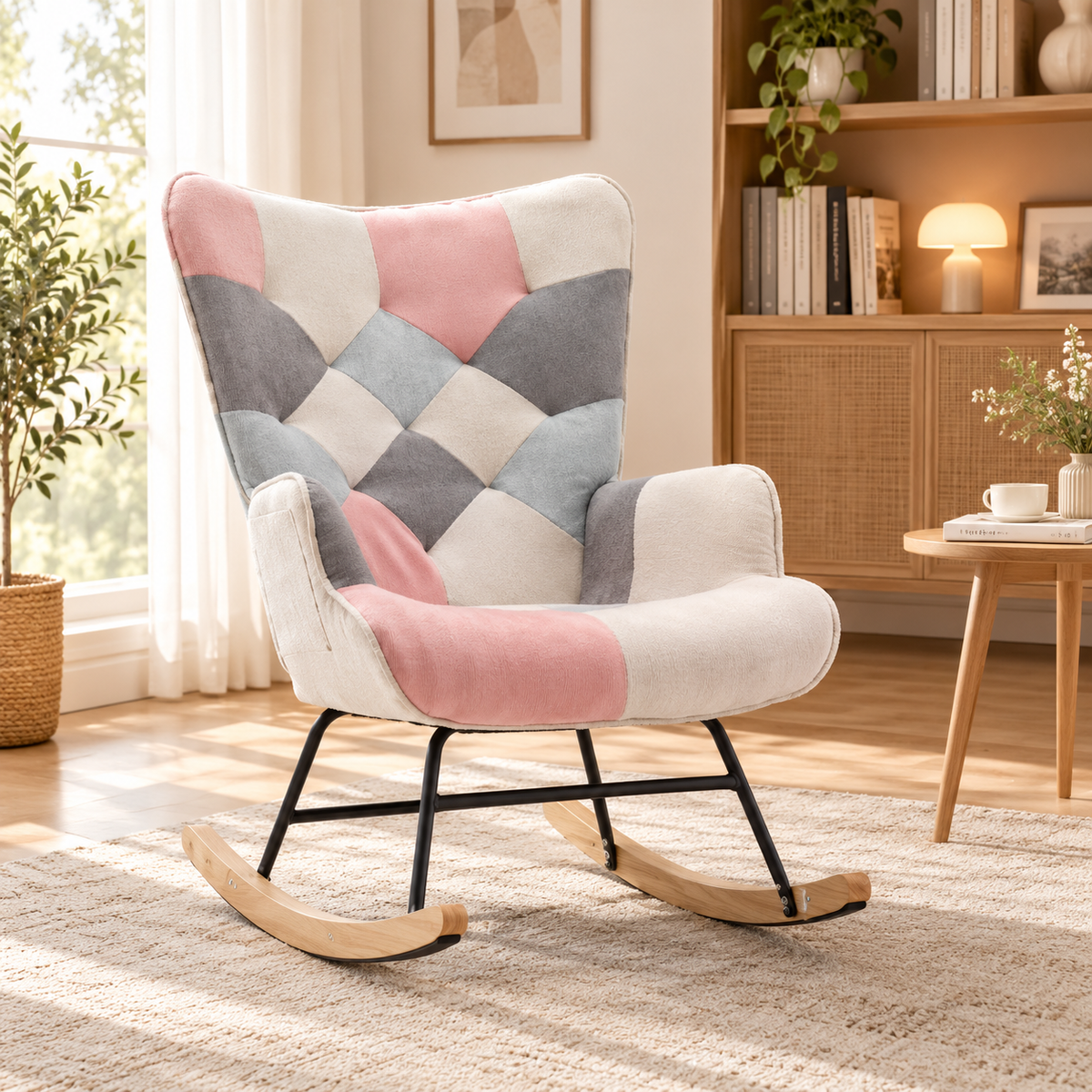 Cotton Linen Modern Patchwork Accent Chair, One Size, Pink